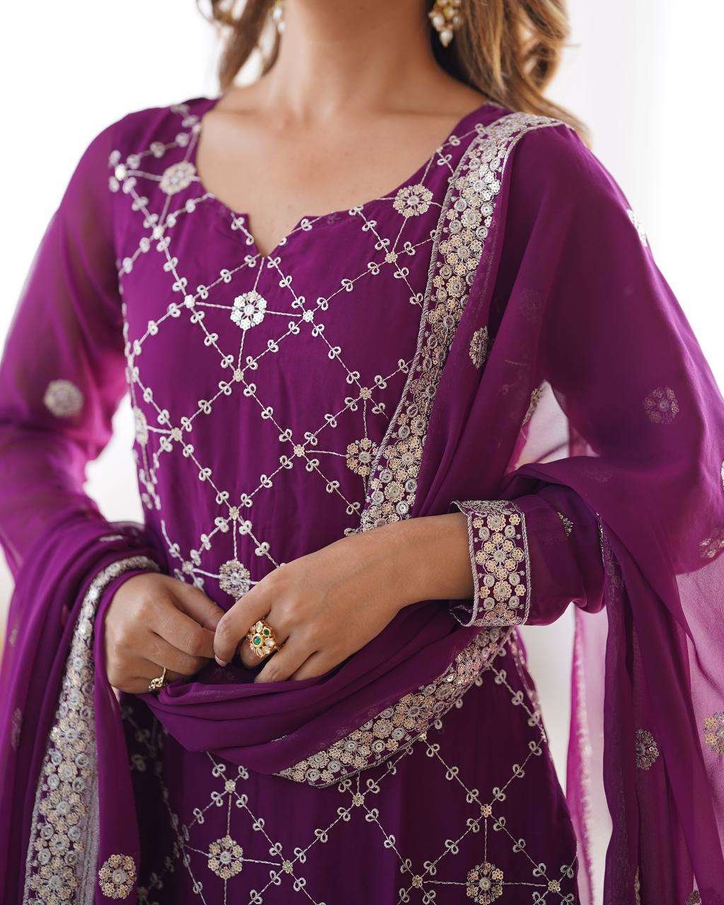 Women's Georgette Embroidery Work Straight Kurta With Sharara Suit and Dupatta Set - Image 7