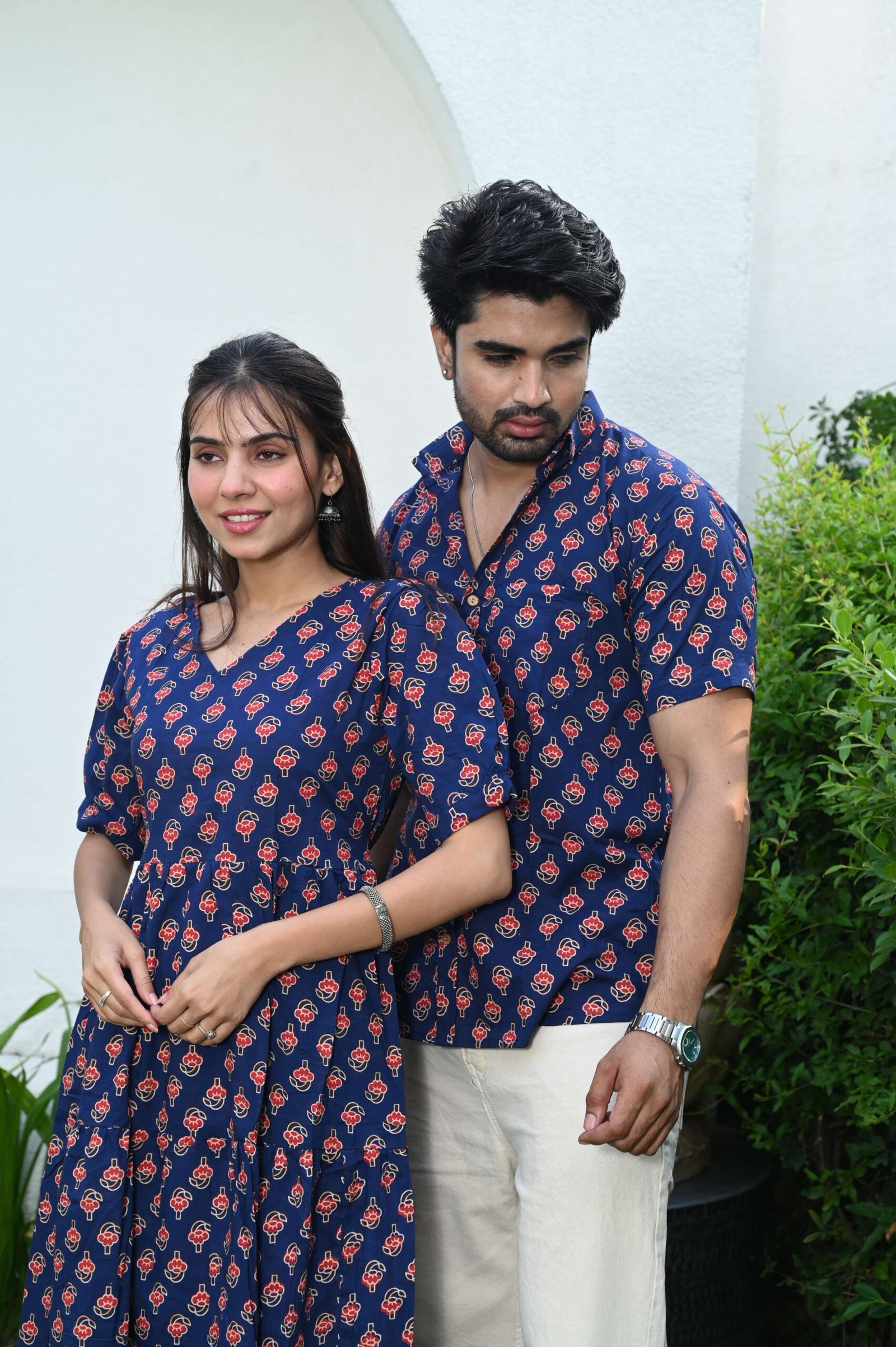 Couple Matching Navy Blue Cotton Printed Anarkali Midi Dress & Shirt Set ? Casual & Festive Wear - Image 5
